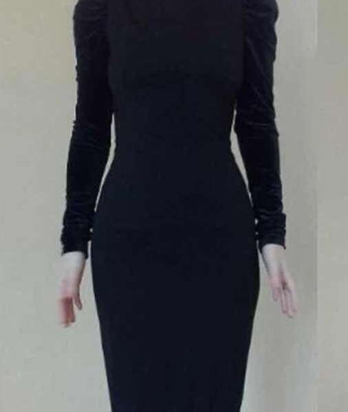 Платье футляр новое м 46 чёрное миди по фигуре ткань плотная вечернее бархат рукава бант стретч плот